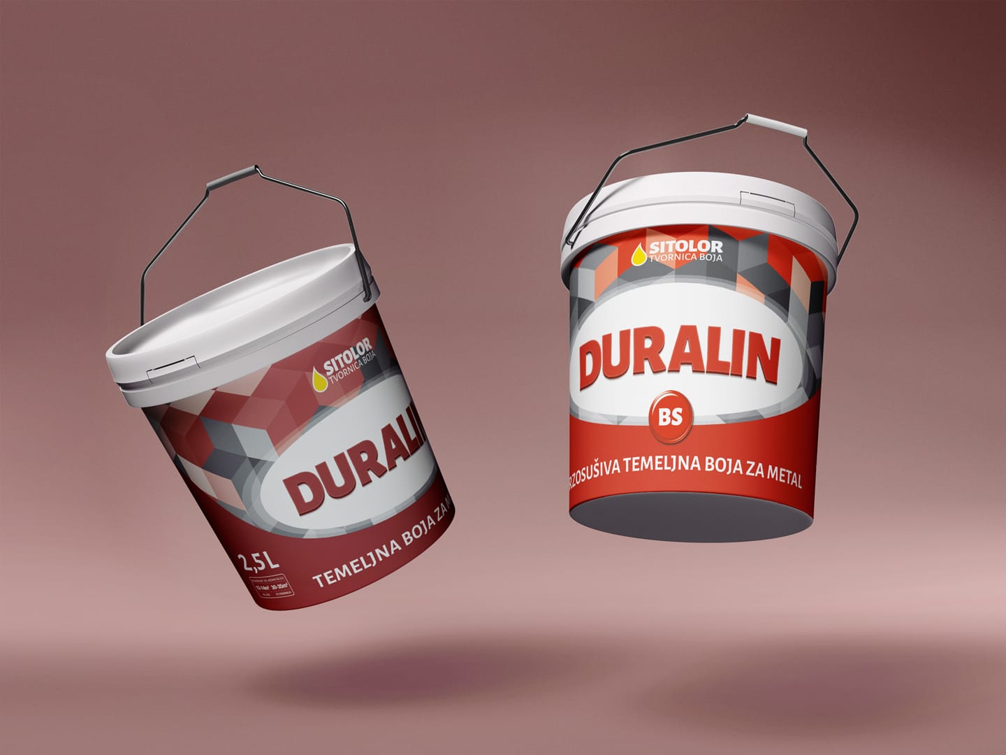 Packaging design for Sitolor: Duralin and Duralin BS buckets with a red geometric pattern on a dusky pink background