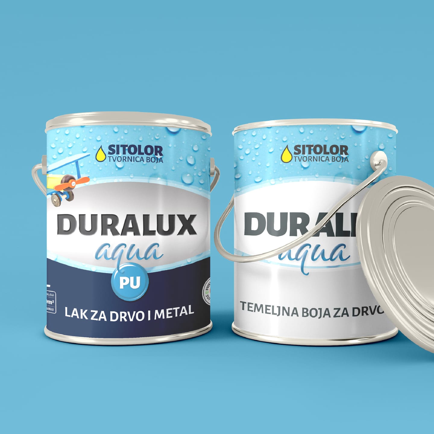 Packaging design for Sitolor: two tins with a water-droplet motif, Duralux Aqua PU varnish and a wood primer, on a blue background
