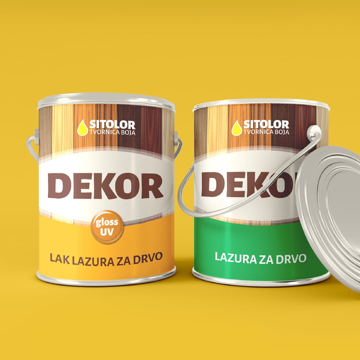 Packaging design for Sitolor: two Dekor tins, a varnish stain and a wood stain, on a yellow background