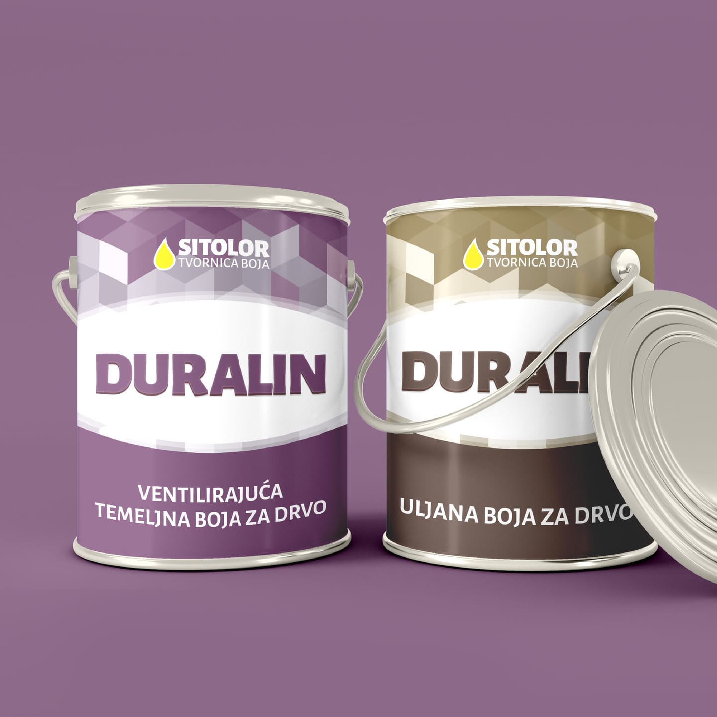 Packaging design for Sitolor: two Duralin tins, one purple and one brown, on a purple background
