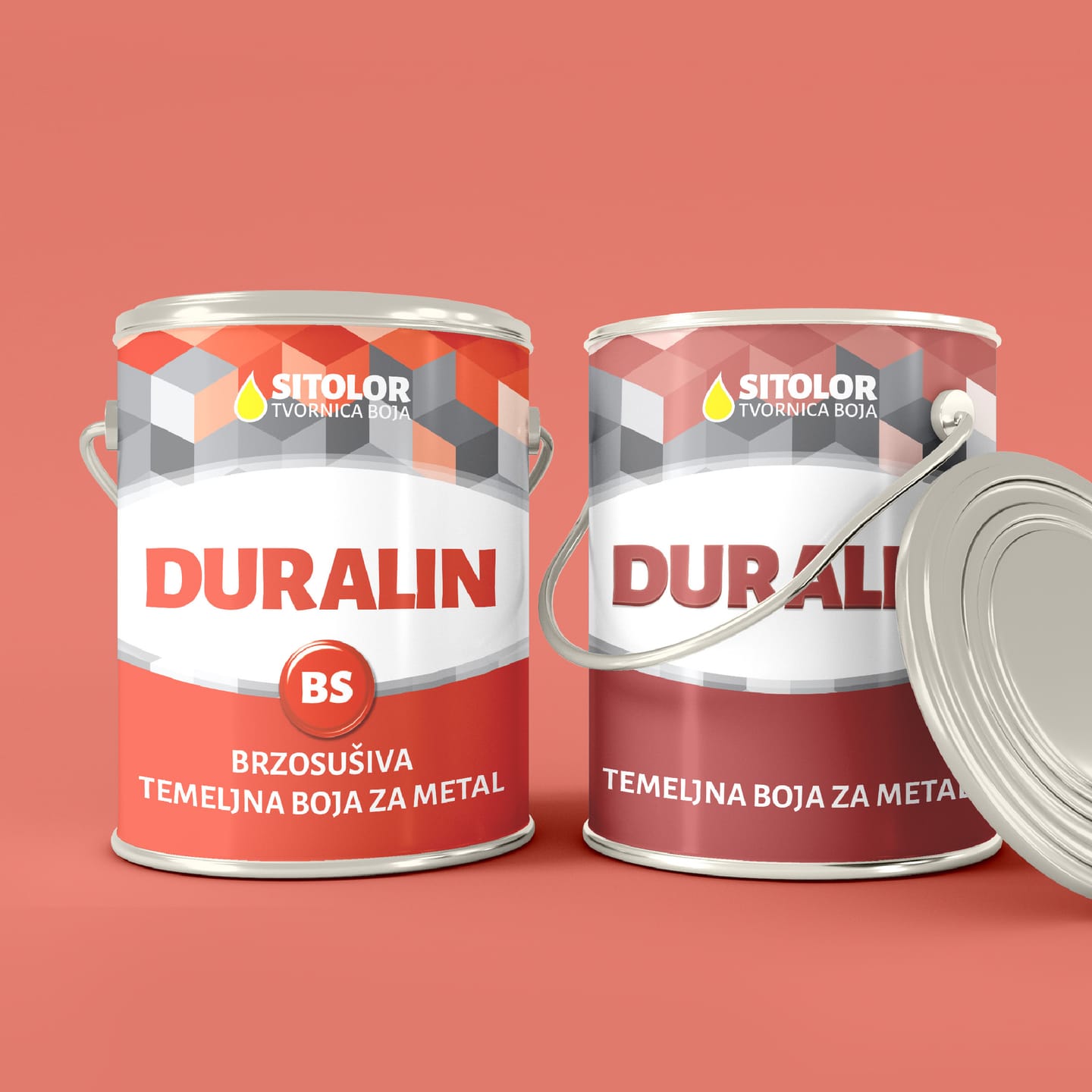 Packaging design for Sitolor: two red Duralin tins on a red background