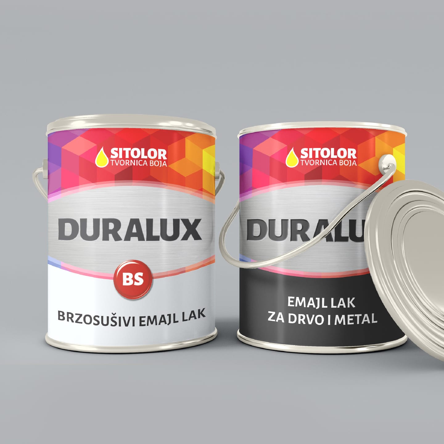 Packaging design for Sitolor: two Duralux tins with a colourful geometric pattern on a grey background